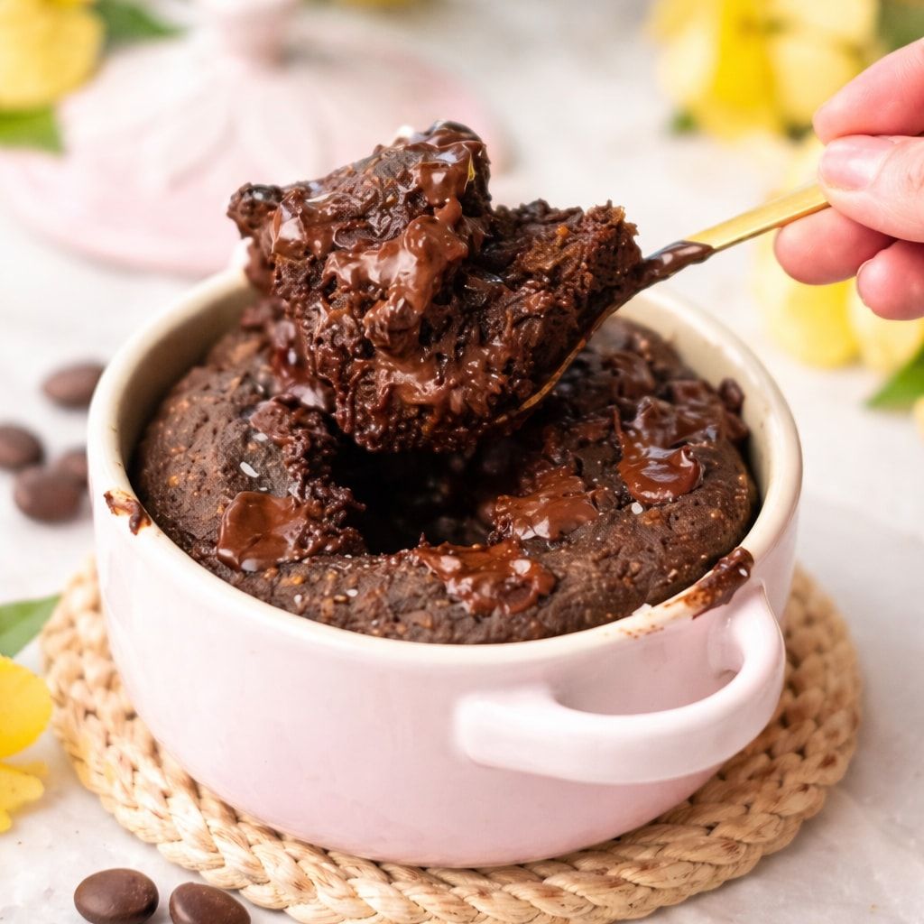 Bolo de caneca de chocolate em um ramequim rosa sobre um descanso de palha, com uma colher dourada tirando um pedaço úmido coberto de chocolate derretido.
