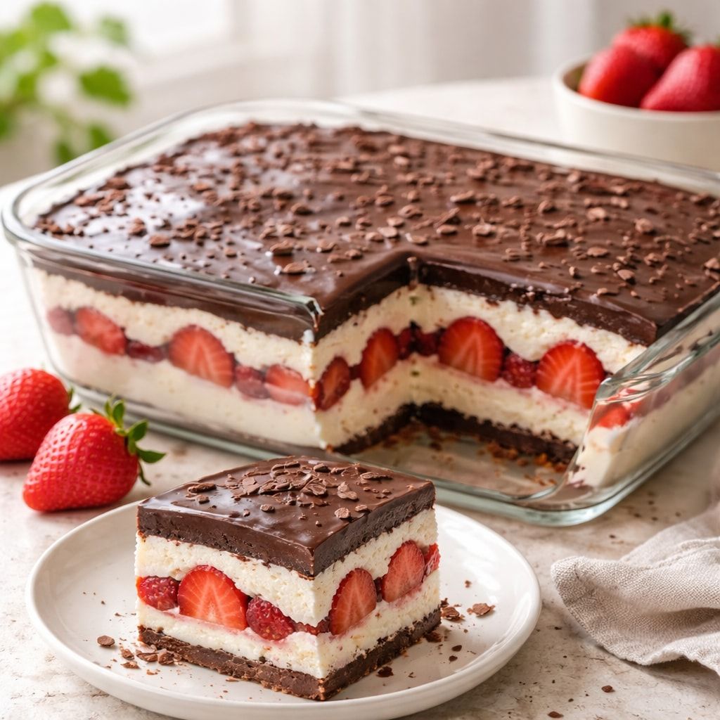 Bombom de morango de travessa em um refratário de vidro, com uma fatia servida em prato branco mostrando camadas de creme branco, morangos cortados e cobertura de chocolate com raspas, ao lado de morangos frescos.